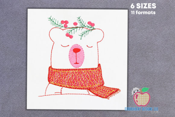 Cartoon Bear Wearing Scarf Sketch Embroidery