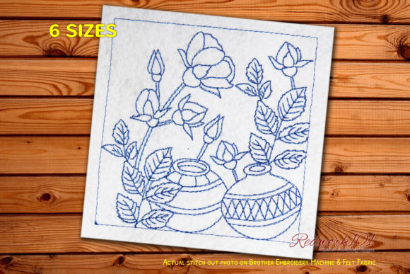 Ceramic Pot with Flowers Redwork Embroidery